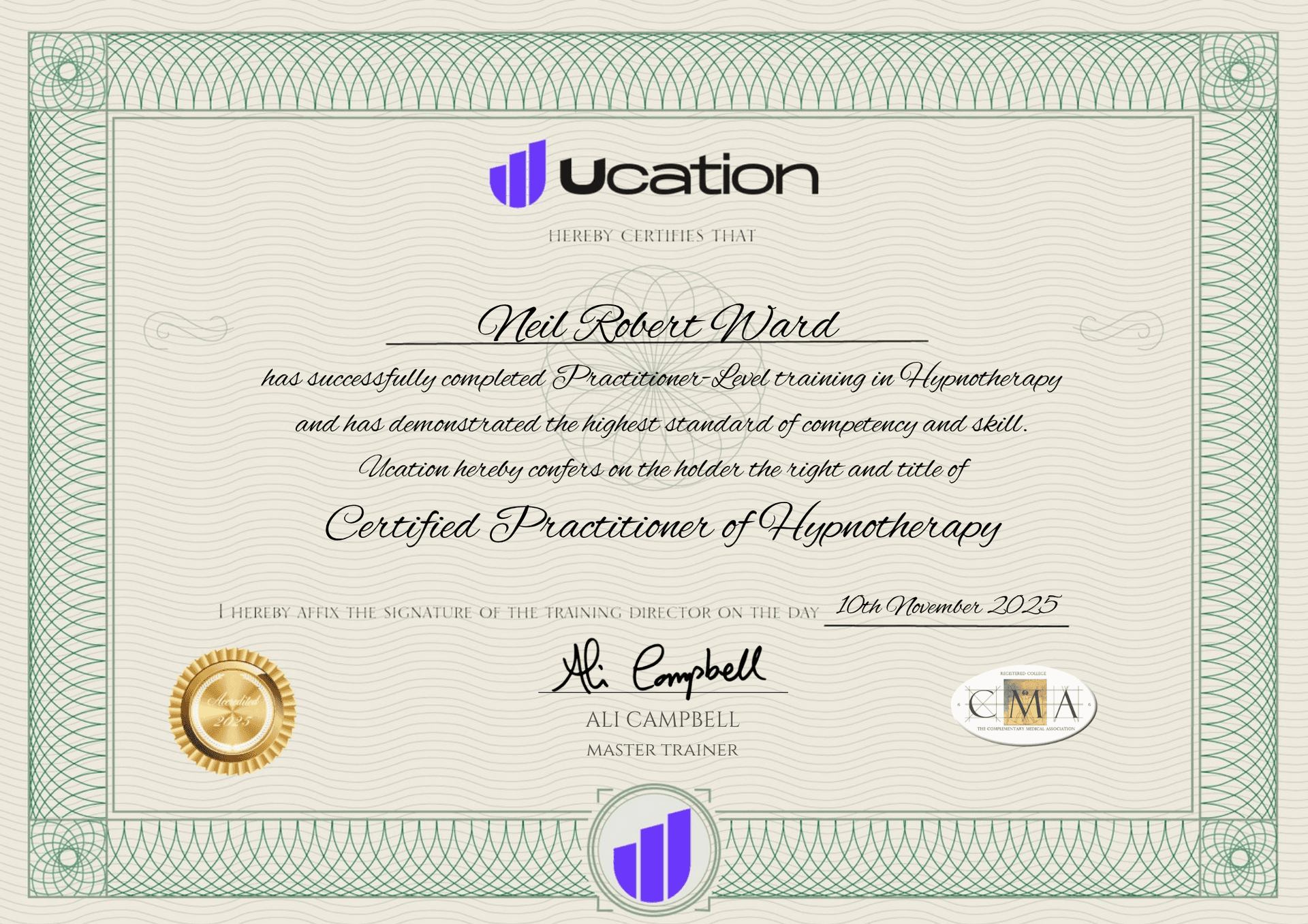 Neil Robert Ward — Certified Practitioner of Hypnotherapy certificate
